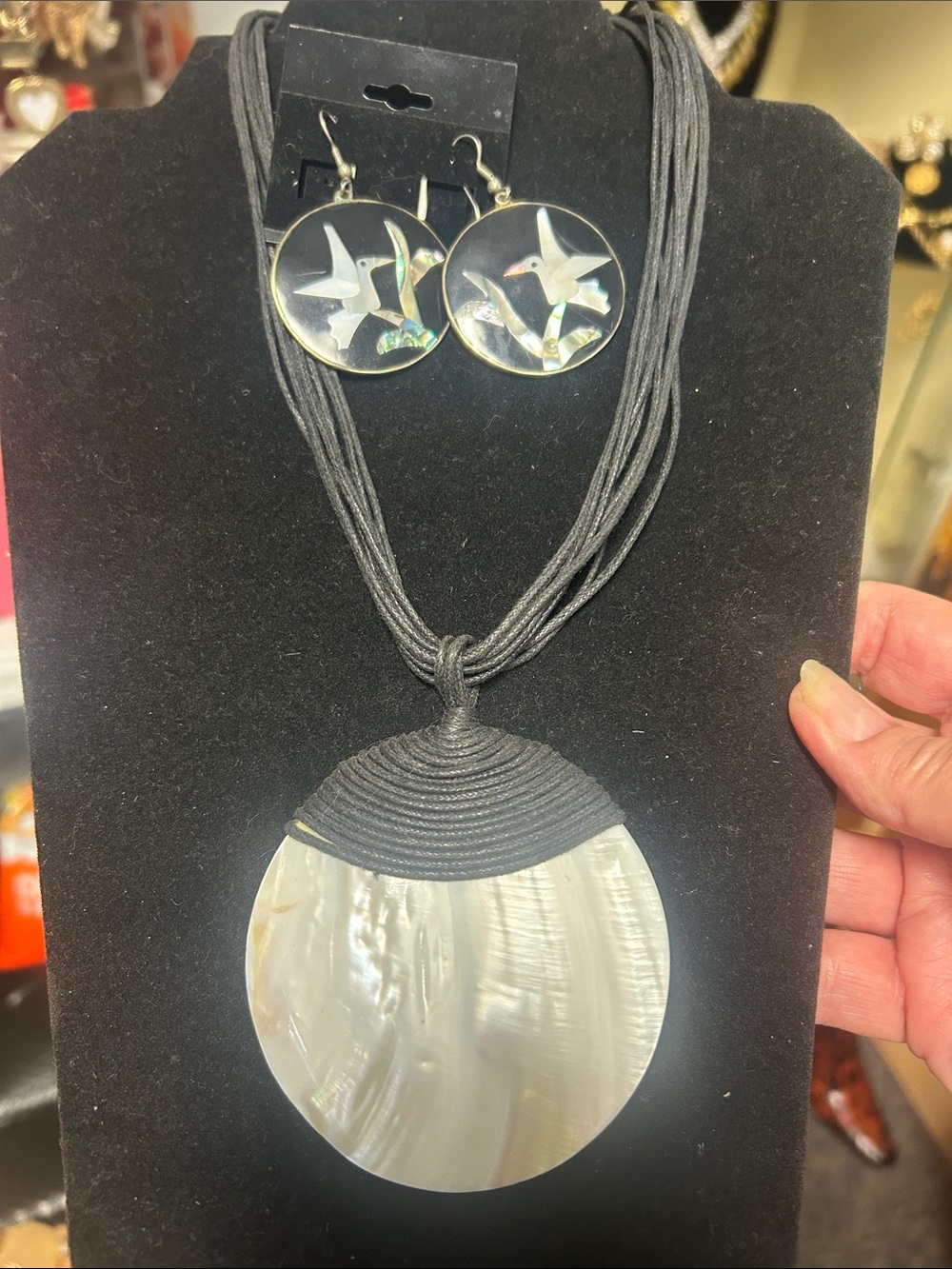 Mother-of-Pearl Disc Pendant Necklace with Black Multi-Strand Cord